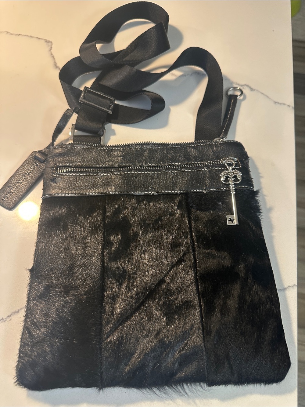 Black Fur Crossbody Bag with Key Charm